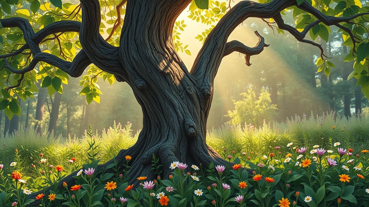 Een oude boom in een weelderig bos met wildbloemen en zonlicht.