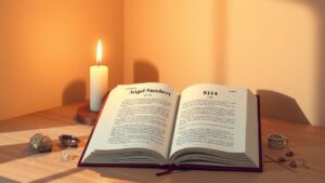Een open boek over engel nummer 911 met spirituele symbolen.