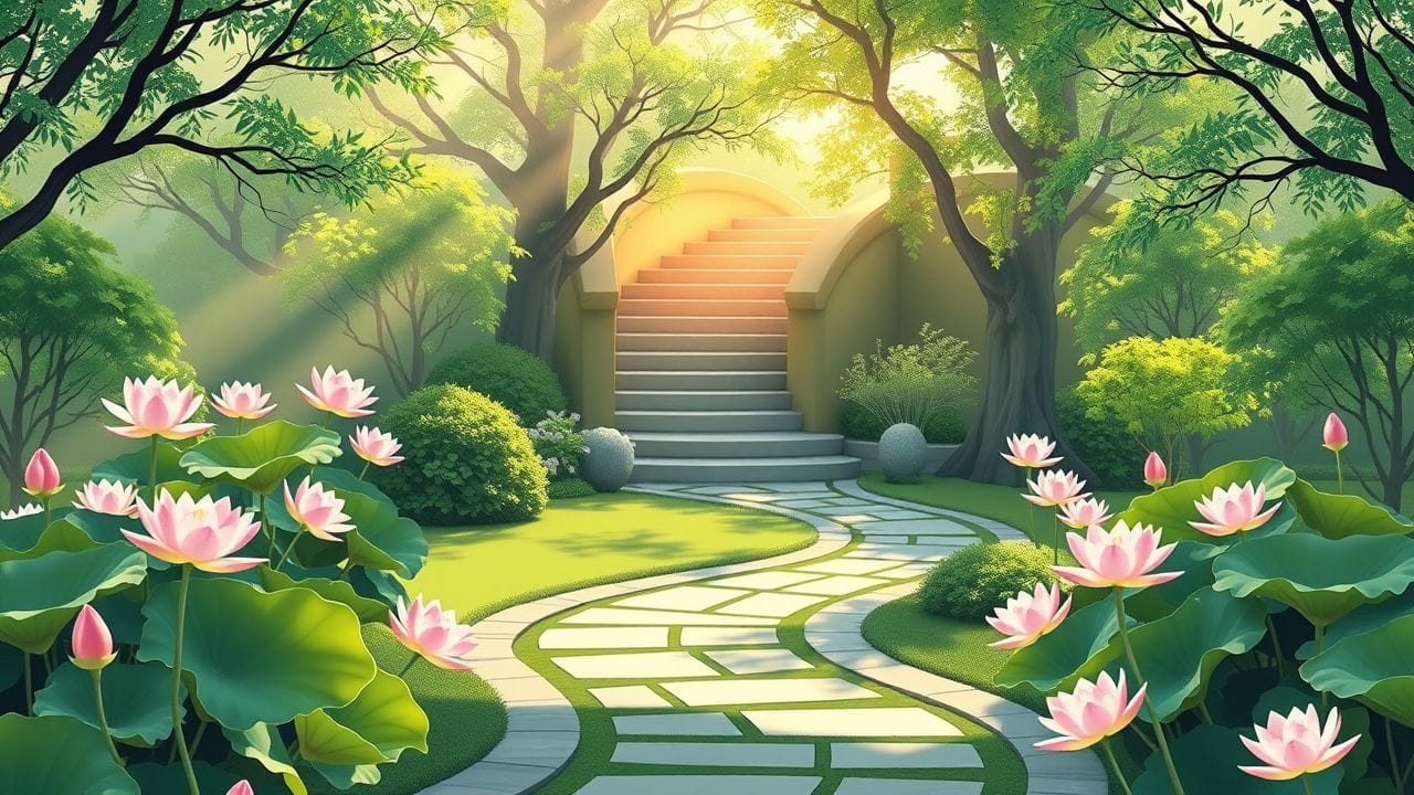 Een serene Zen-tuin met lotusbloemen en een kronkelend pad.