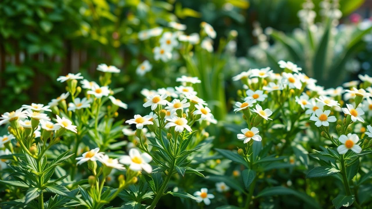 Een vredige tuin vol bloeiende witte bloemen, geordend in groepen van negen. Een vredige tuin vol bloeiende witte bloemen, geordend in groepen van negen.