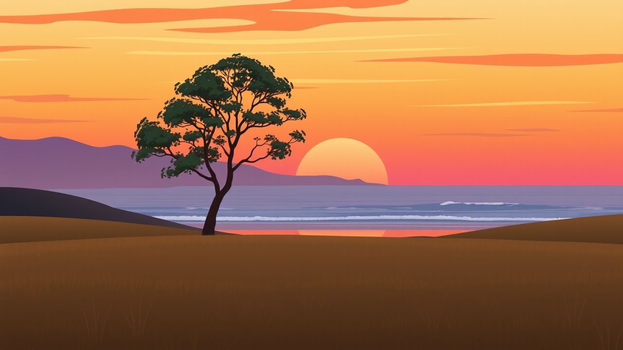 Een eenzame boom in een sereen landschap bij zonsondergang.