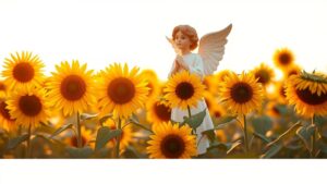 Een engel omringd door bloeiende zonnebloemen bij zonsondergang.