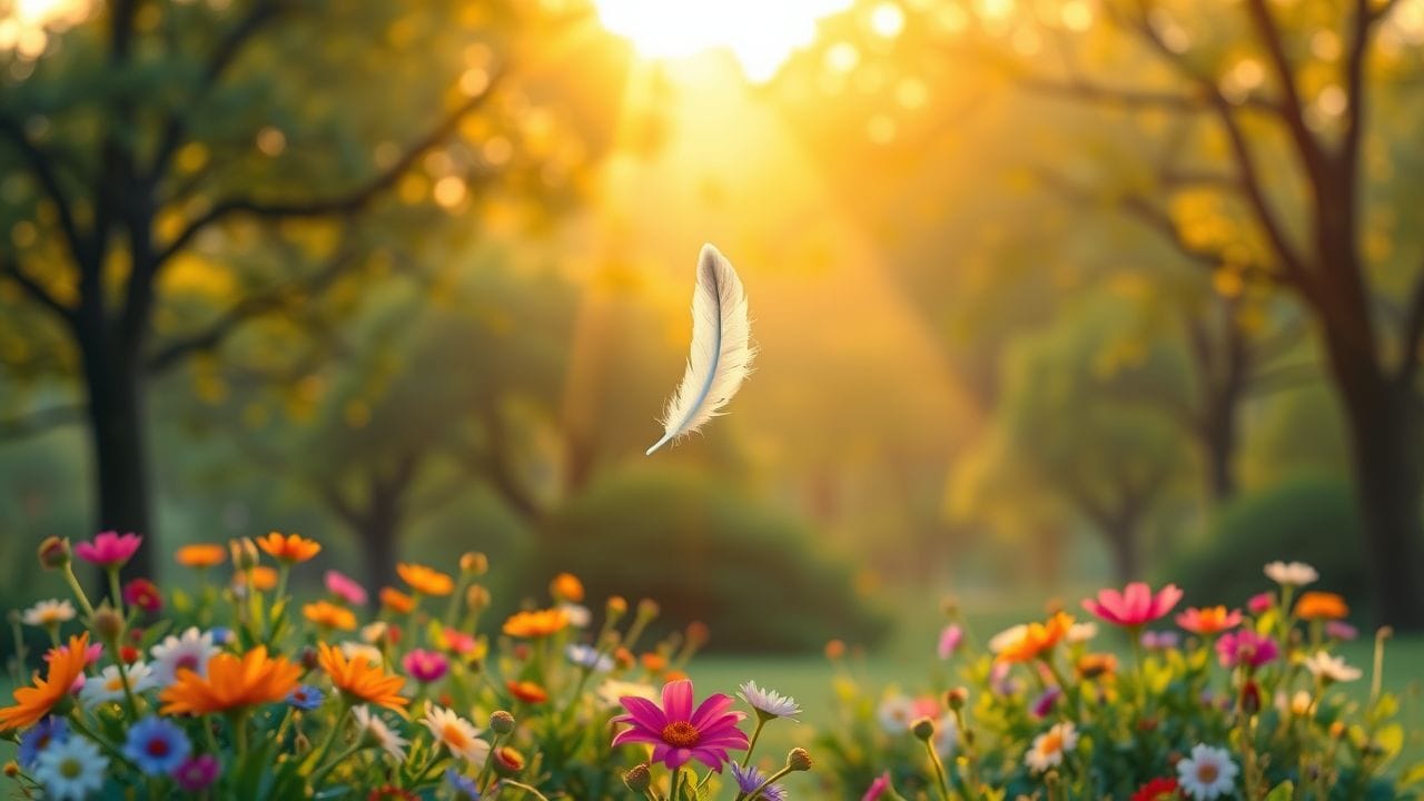 Een vredig landschap bij dageraad met zwevende veer en bloemen. Een vredig landschap bij dageraad met zwevende veer en bloemen.