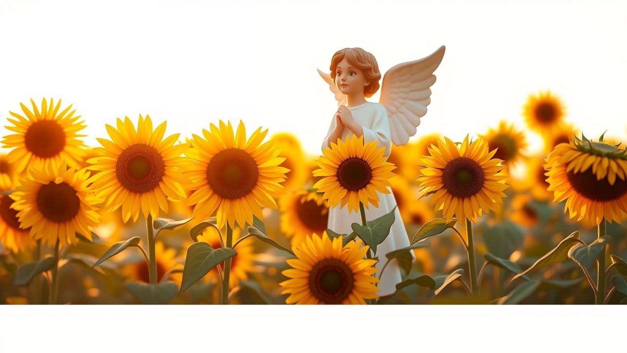 Een engel omringd door bloeiende zonnebloemen bij zonsondergang.