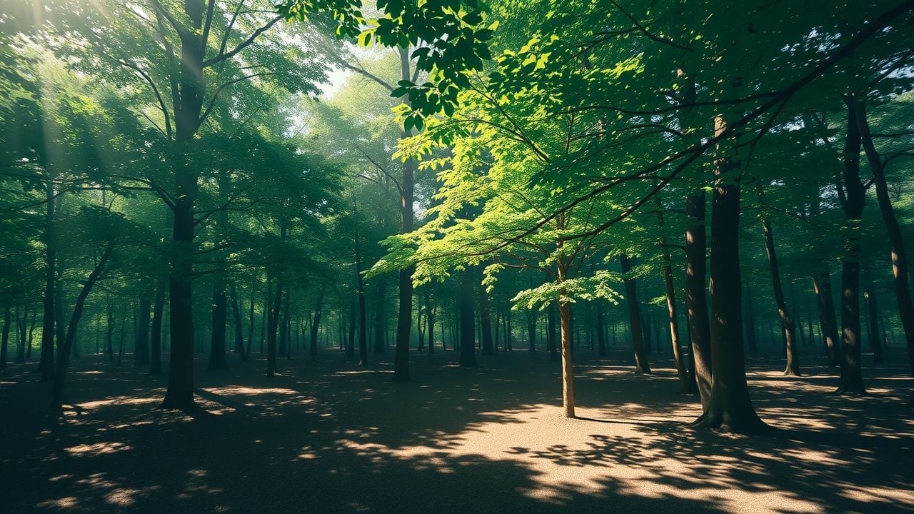 Een serene bosscène met zonlicht en een rustige sfeer. Een serene bosscène met zonlicht en een rustige sfeer.
