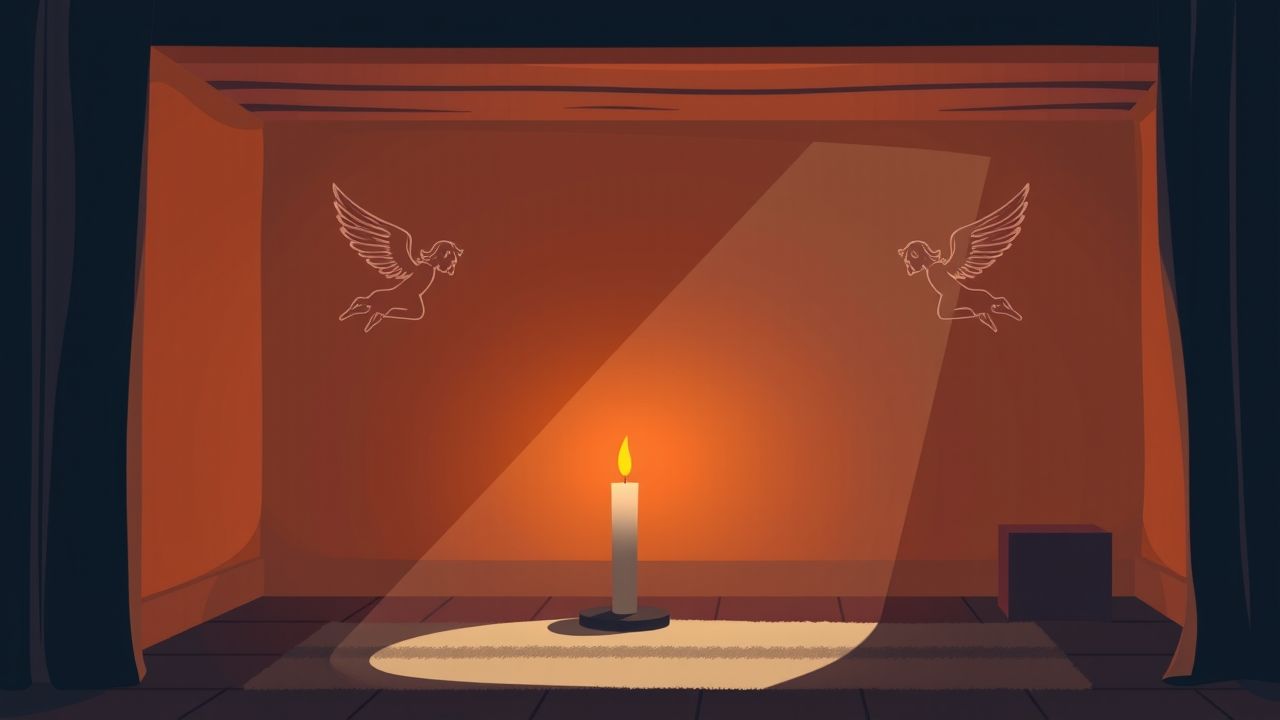 Een gezellige kamer met engelachtige figuren en een kaarslicht.