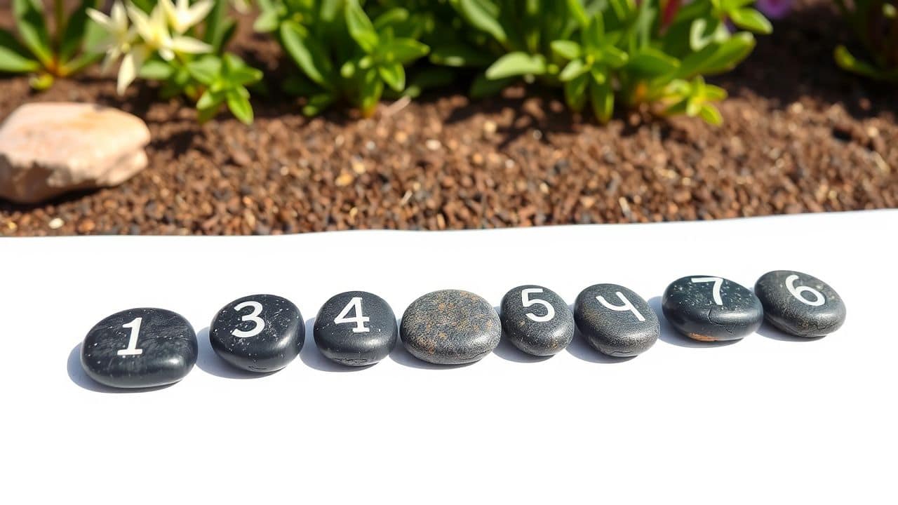 Een rij van gladde donkere stenen met numerieke patronen in een rustige tuin.