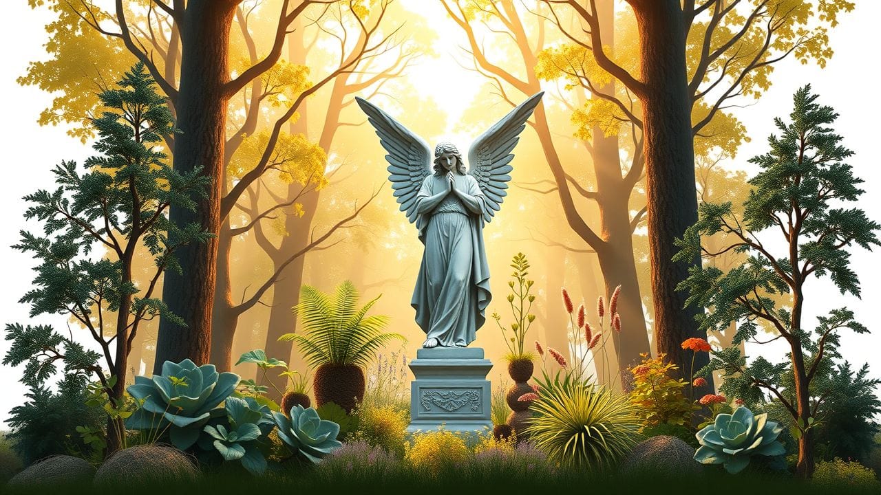 Een majestueus aartsengelstandbeeld staat in een mystiek bos. Een majestueus aartsengelstandbeeld staat in een mystiek bos.