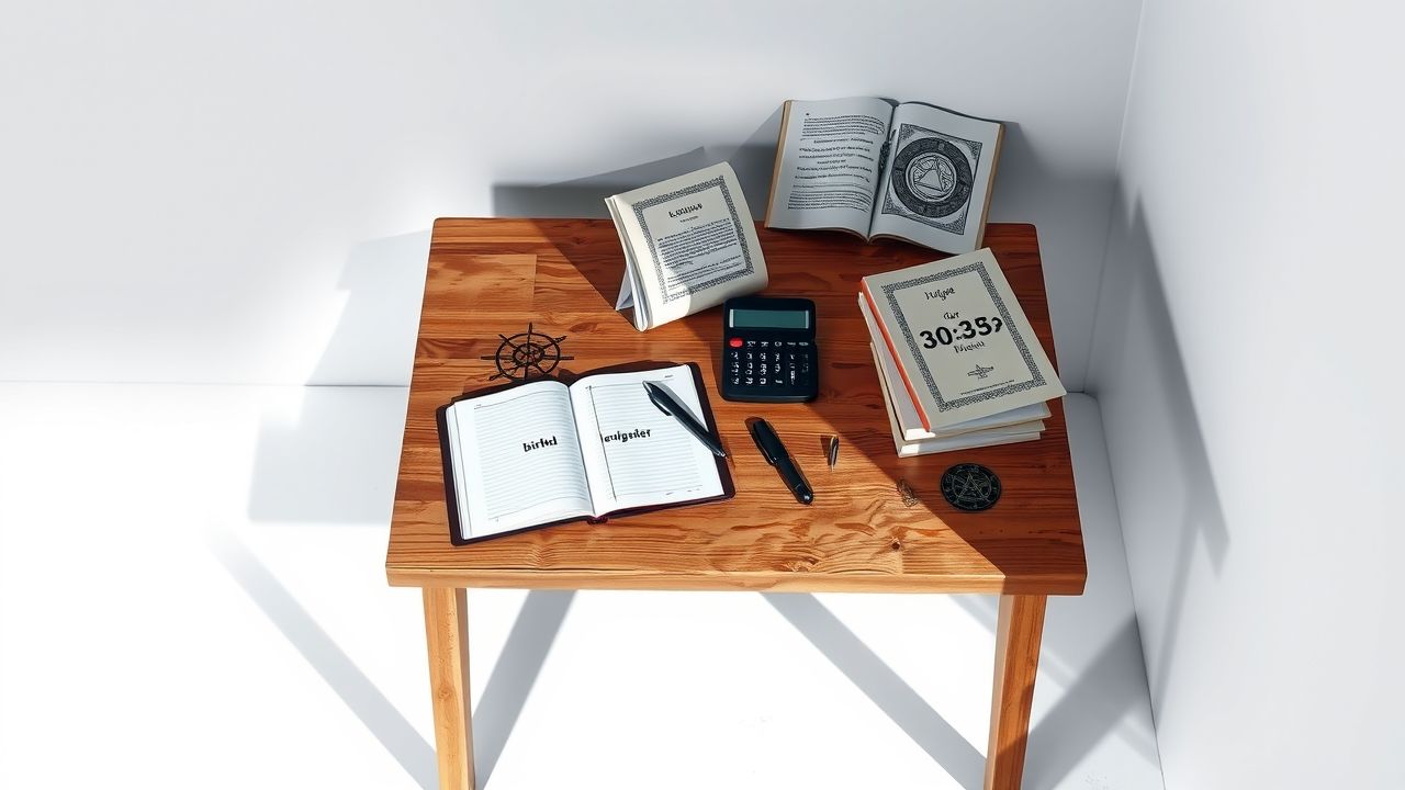 Een mysterieuze sc&egrave;ne met numerologie boeken en mystieke symbolen op tafel.