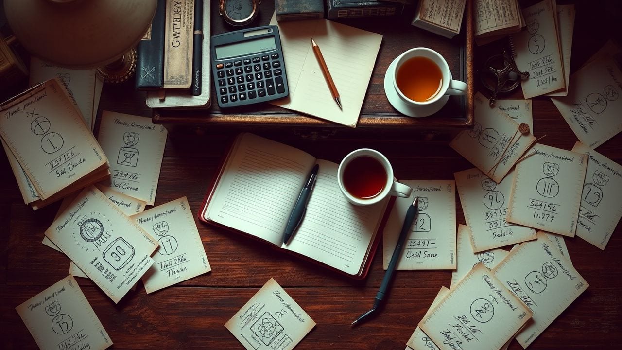 Een vintage bureau met numerologie symbolen en rommelige werkplek.