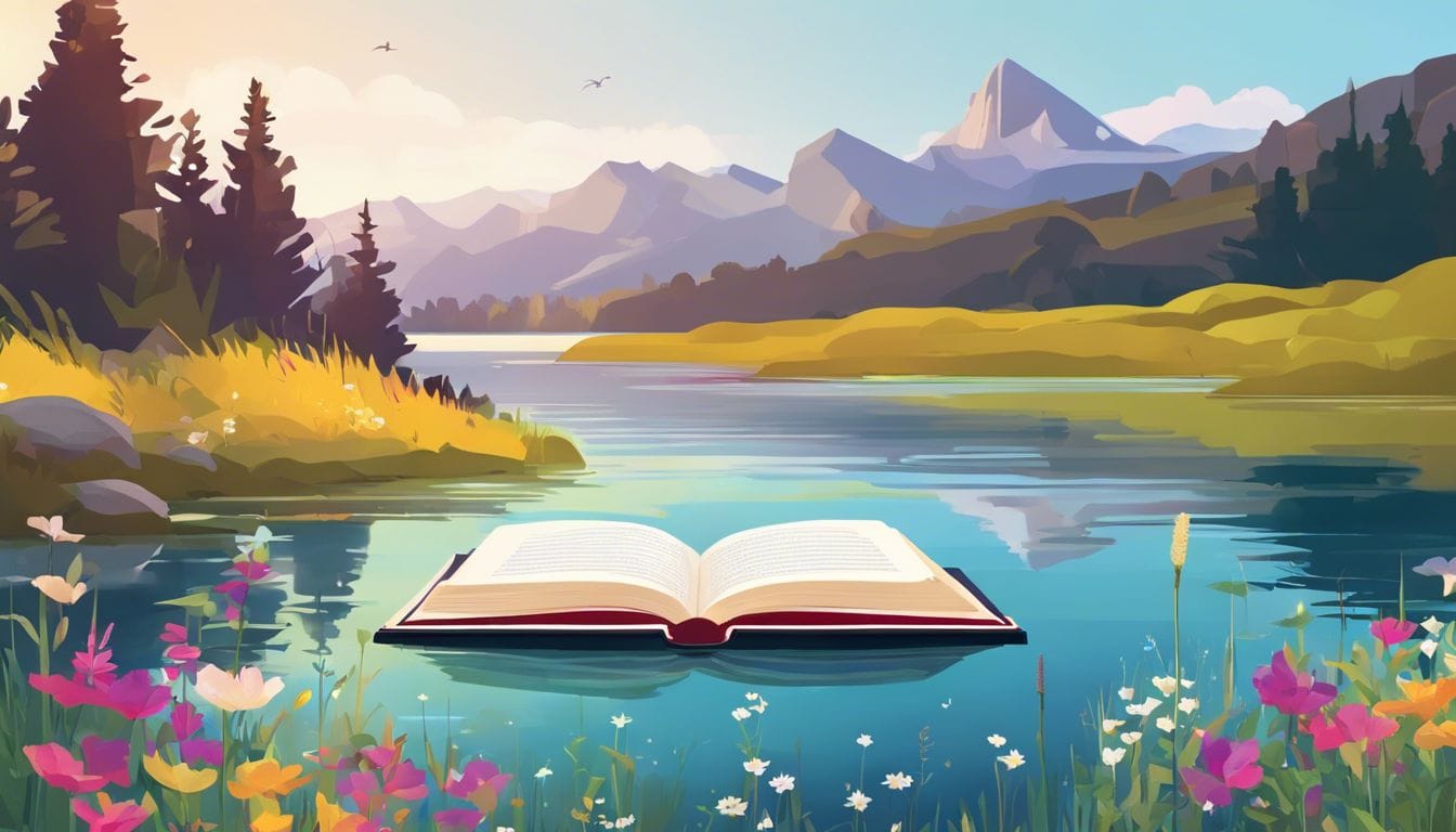 Een open boek rustend aan de oever van een rustig meer.