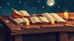 Een rustieke tafel met numerologieboeken, kaarsen en kristallen.