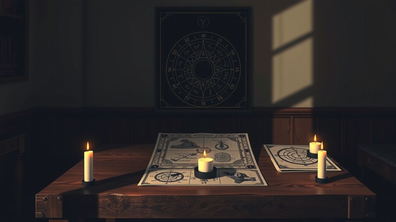 Een oude numerologie-tafel met symbolen en kaarten bij kaarslicht. Een oude numerologie-tafel met symbolen en kaarten bij kaarslicht.