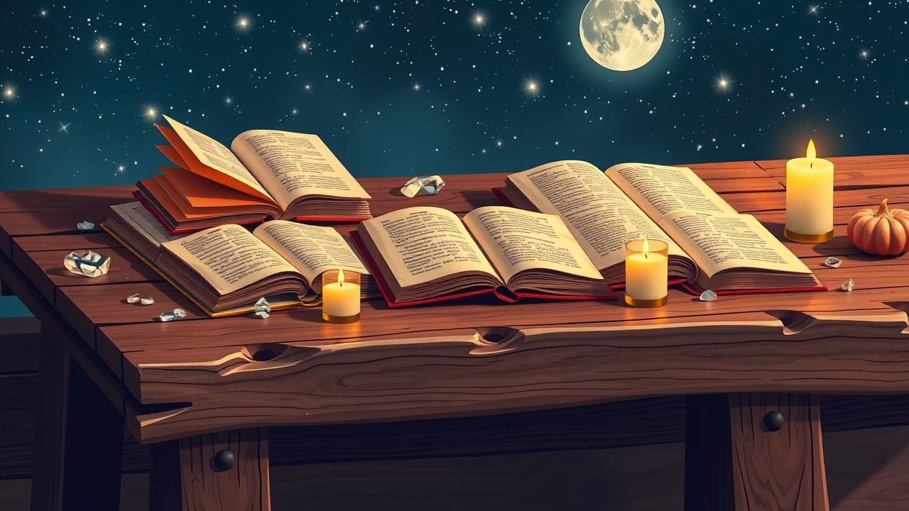 Een rustieke tafel met numerologieboeken, kaarsen en kristallen.