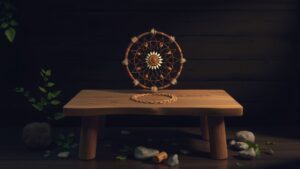 Een handgemaakte medicijnwiel op een rustieke houten tafel.