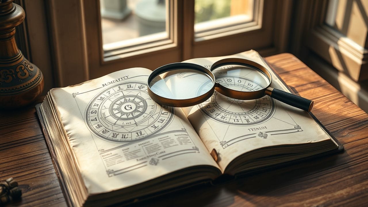 Een oude open boek met numerologie tabellen en symbolen.