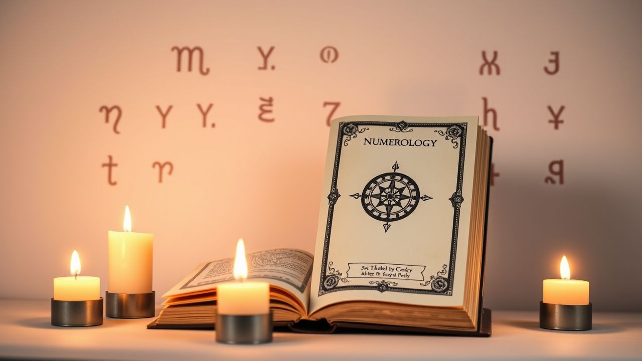 Een close-up van een numerologieboek omringd door kaarsen en oude symbolen.