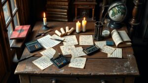 Een oude tafel met antieke voorwerpen en kaarsen, doordrenkt van mysterie.