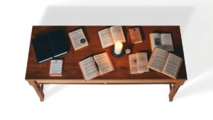 Een tafel met numerologieboeken, een brandende kaars en een vintage zakhorloge.