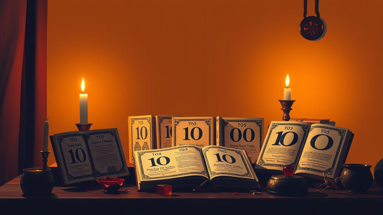 Een tafel met oude numerologie boeken en mystieke voorwerpen verlicht door een kaars.