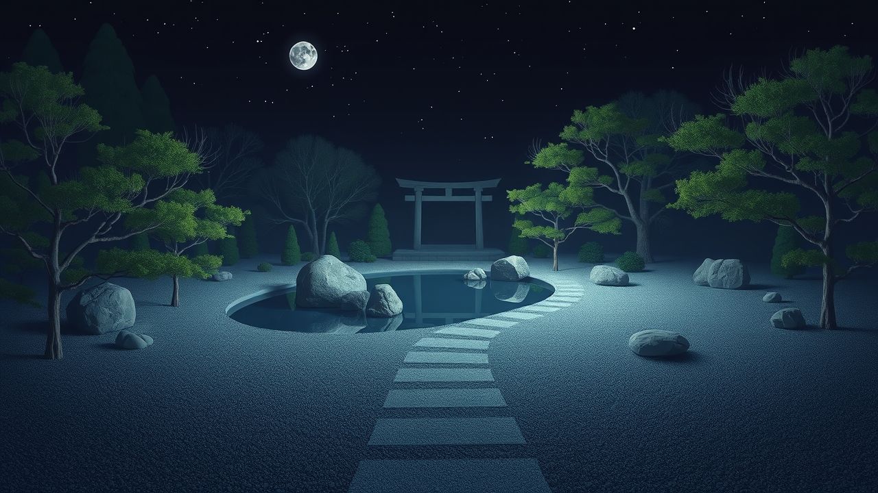 Een rustige Zen-tuin op een nacht met sterrenhemel.