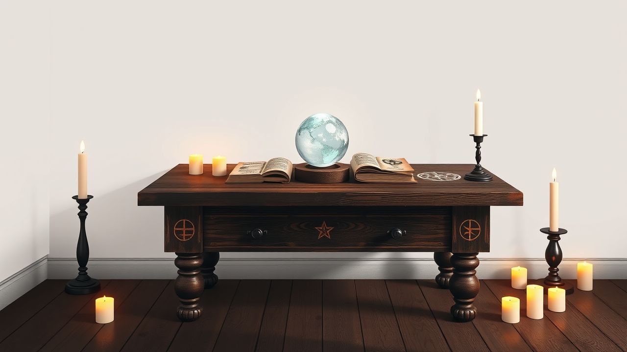 Een betoverende tafel met numerologieboeken, mystieke symbolen en een kristallen bol.