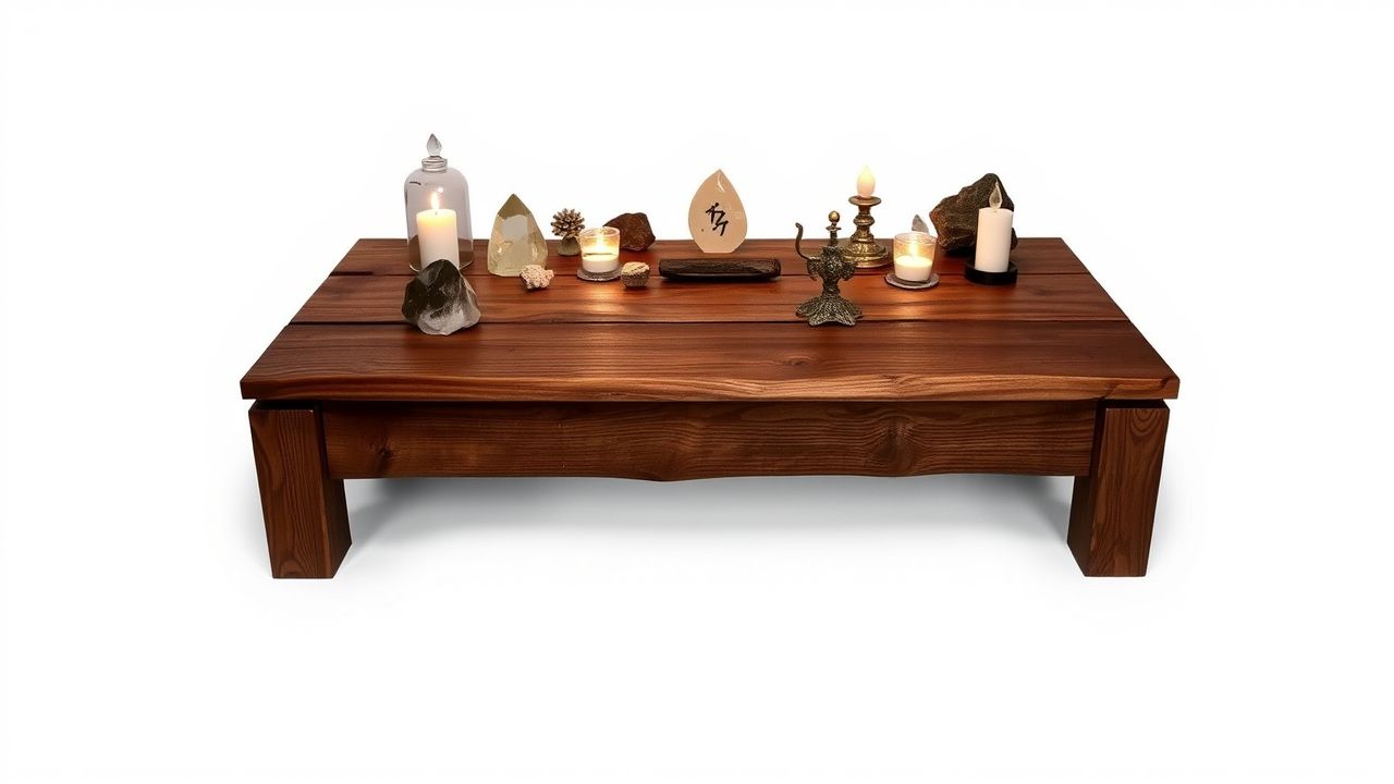 Een rustieke tafel met spirituele en numerologische gereedschappen.