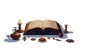 Een kaarsverlichte kamer met een oude, stoffige boek over numerologie.