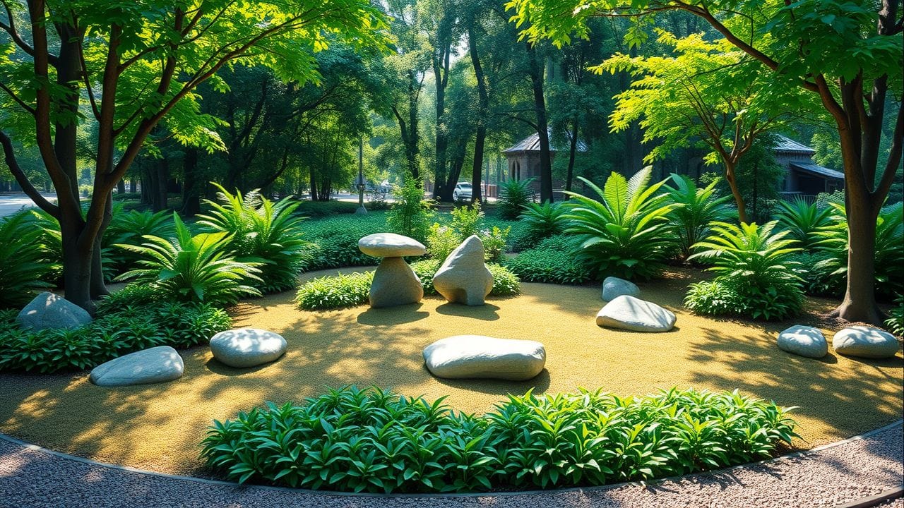 Een rustige Zen-tuin met rotsen in de vorm van het nummer 14. Een rustige Zen-tuin met rotsen in de vorm van het nummer 14.