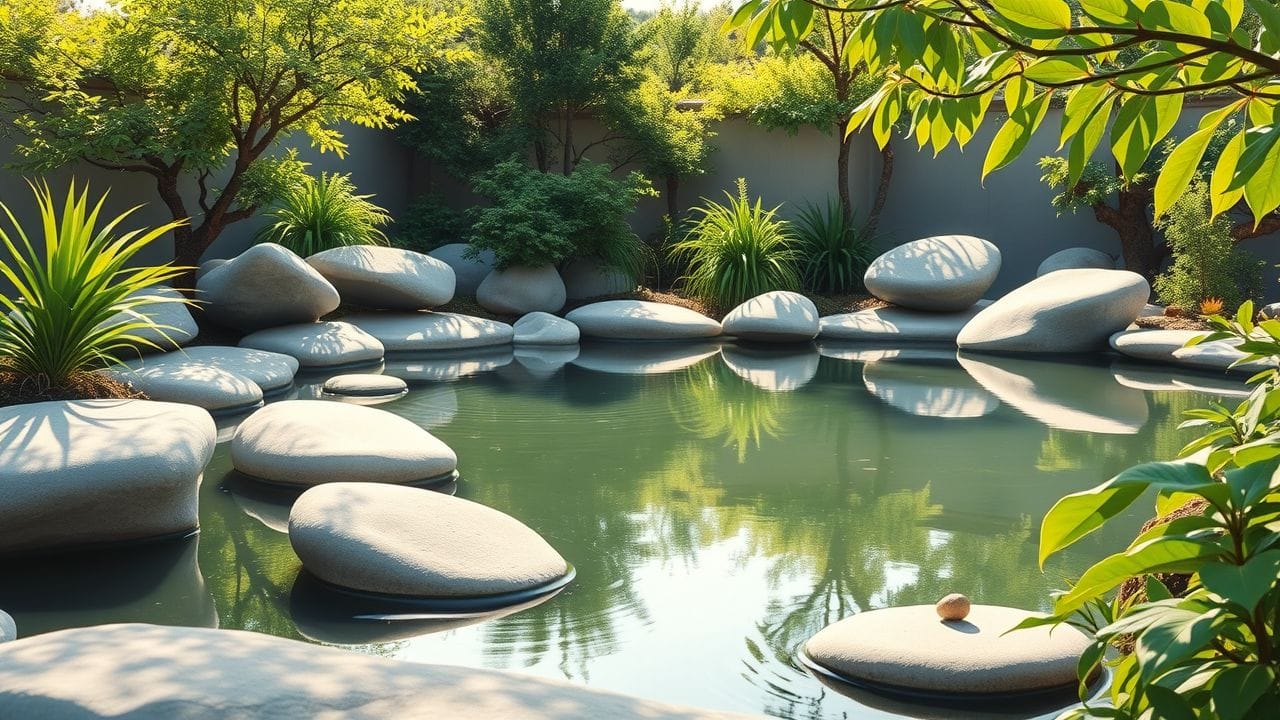 Een rustige Zen-tuin met stenen en een vijver, straalt balans uit.