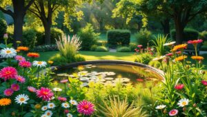 Een vredige tuin met bloeiende bloemen en een serene vijver.