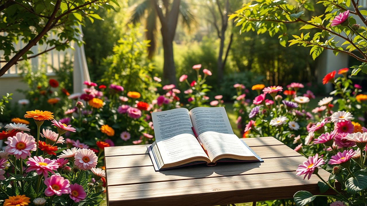 Een rustige tuinscene met bloemen en numerologieboeken op tafel.