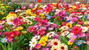 Een vredige tuin gevuld met kleurrijke bloemen in volle bloei.