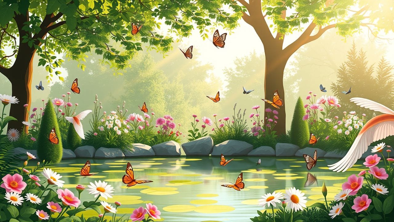 Een vredige bloementuin met een serene vijver en fladderende vlinders.
