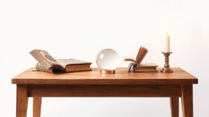 Een mystieke tafel met oude numerologie boeken, kristallen bol en kaars.