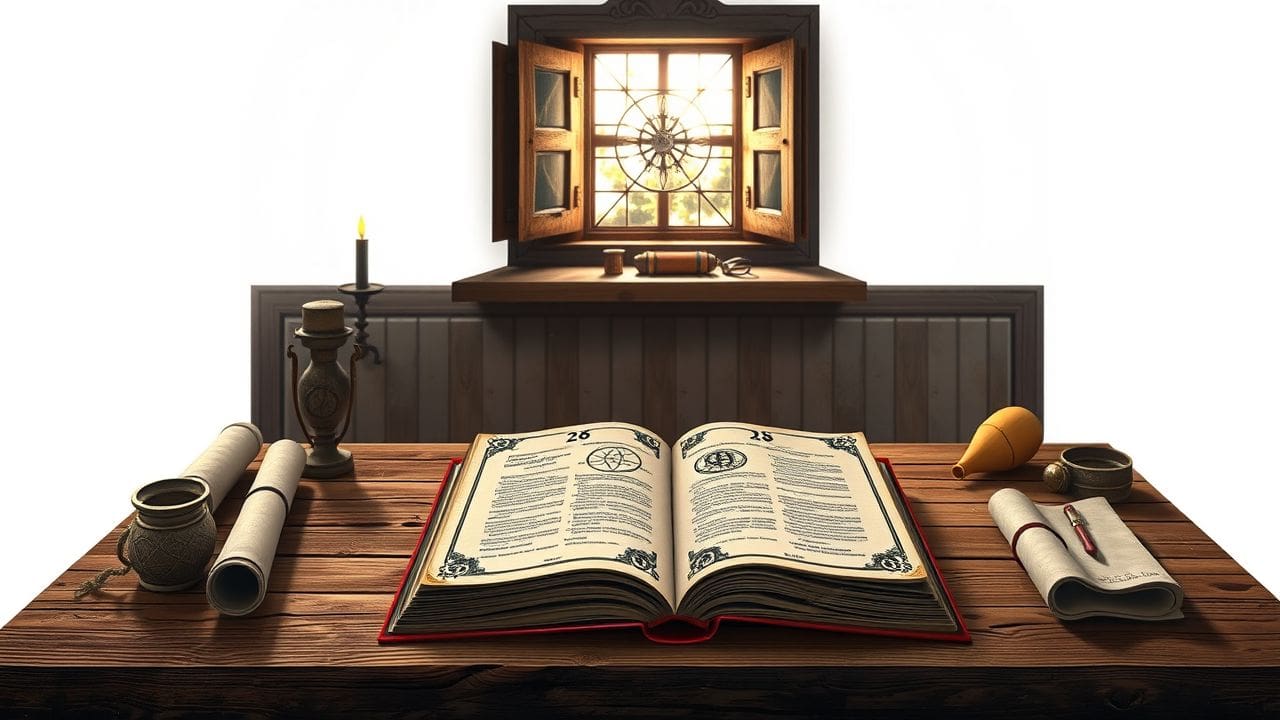 Een oude houten bibliotheektafel met een open numerologieboek en oude voorwerpen.