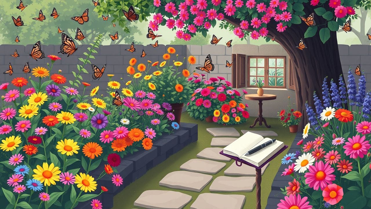 Een levendige tuin met kleurrijke bloemen en een knusse leeshoek. Een levendige tuin met kleurrijke bloemen en een knusse leeshoek.