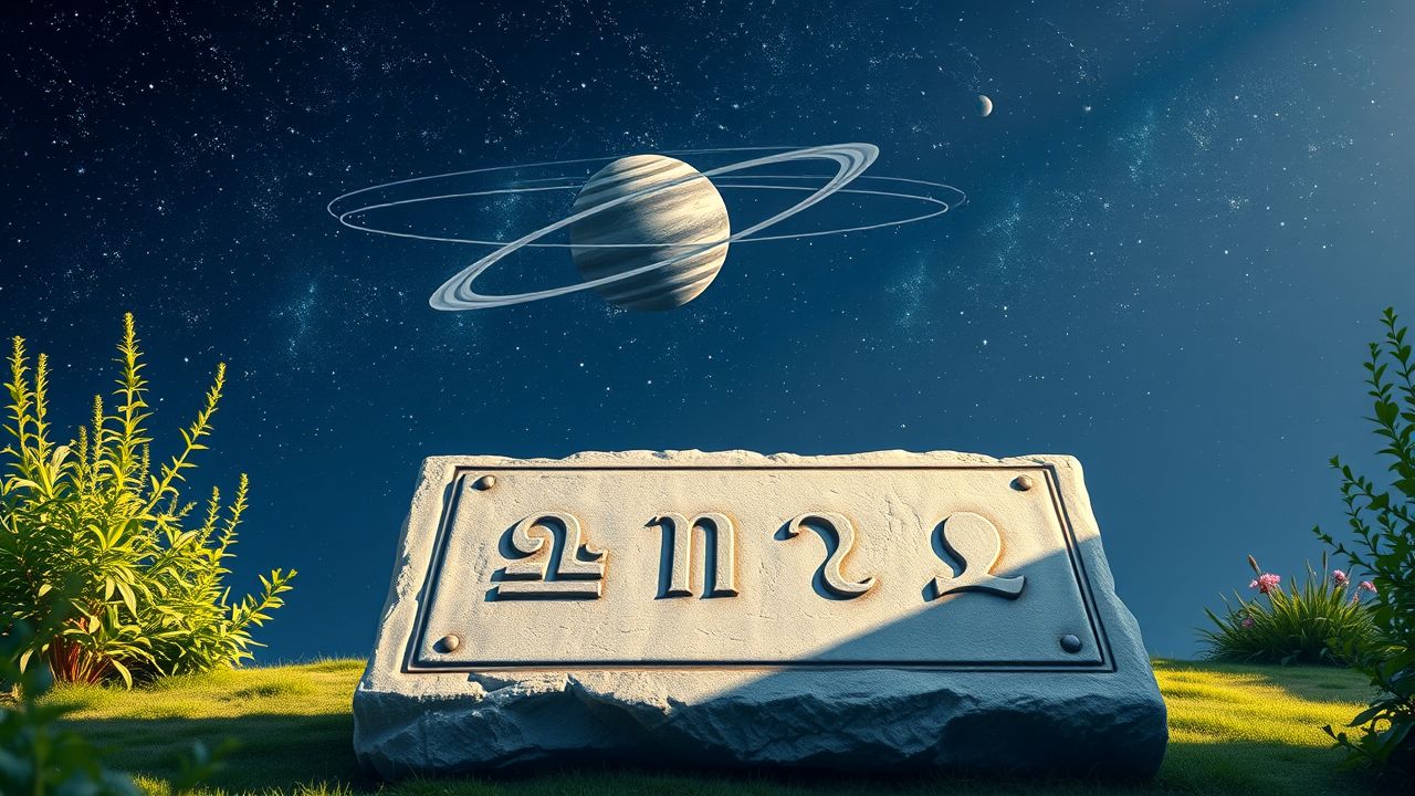 Een mystieke nachtelijke hemel boven een rustige, afgelegen tuin met oude numerologie symbolen op een stenen tablet.