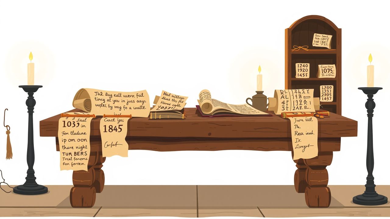 Een rustieke studeerkamer met oude perkamentrollen op een houten tafel.