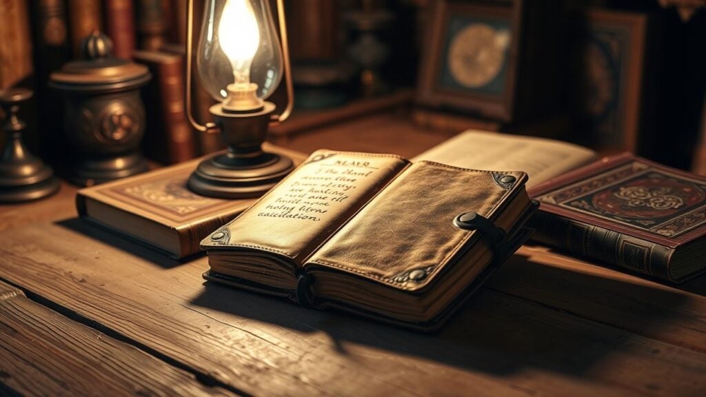 Een oude dagboek met numerologie berekeningen en antieke boeken.