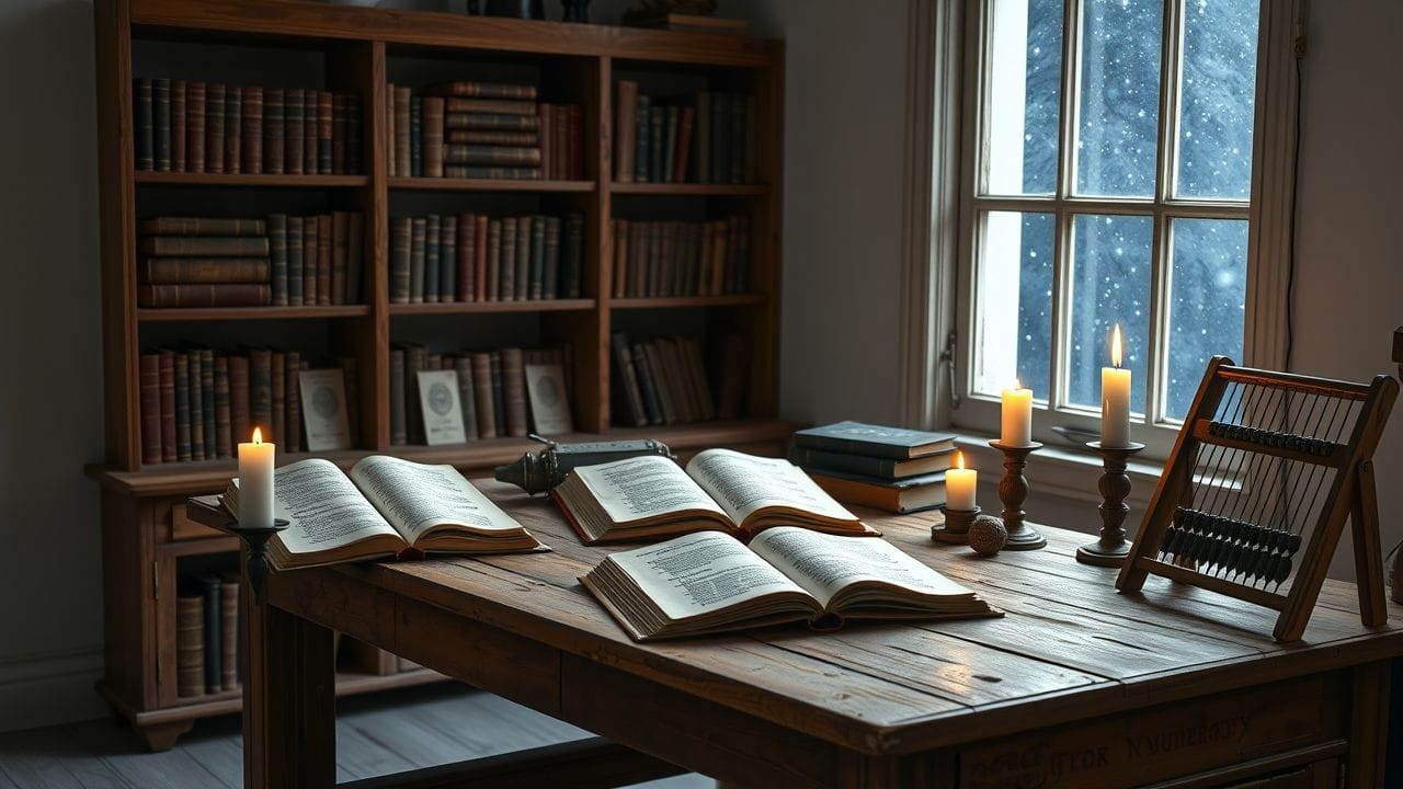 Een oude, mystieke studeerkamer met numerologieboeken, notitieboek en abacus.