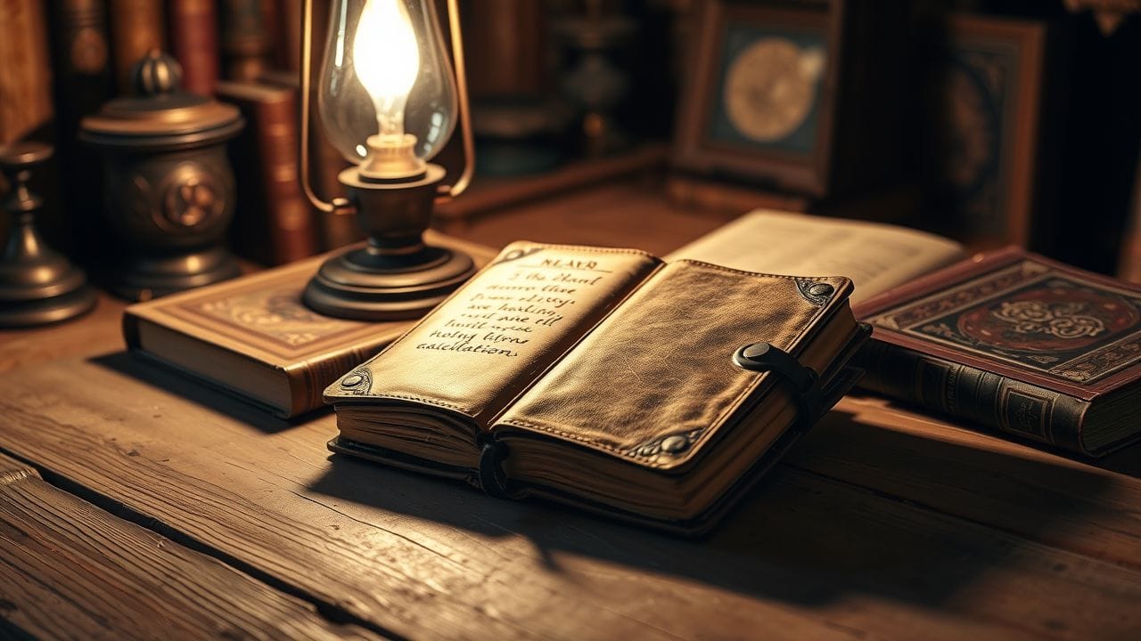 Een oude dagboek met numerologie berekeningen en antieke boeken.