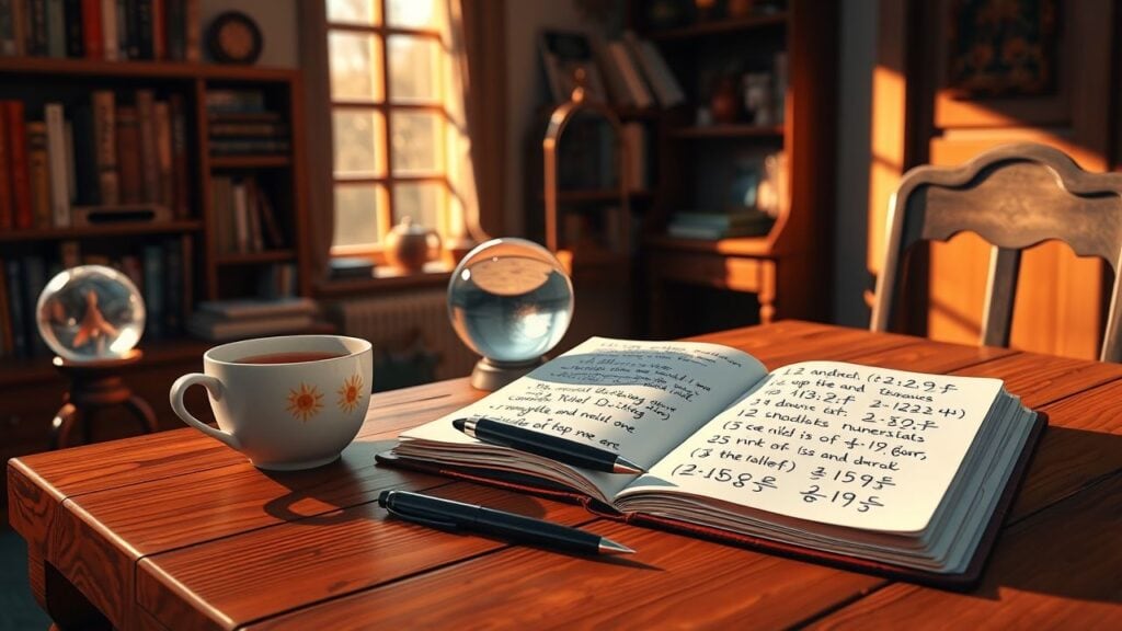 Een houten tafel met een open notitieboek vol numerologie berekeningen, een kristallen bal, en een kop thee.
