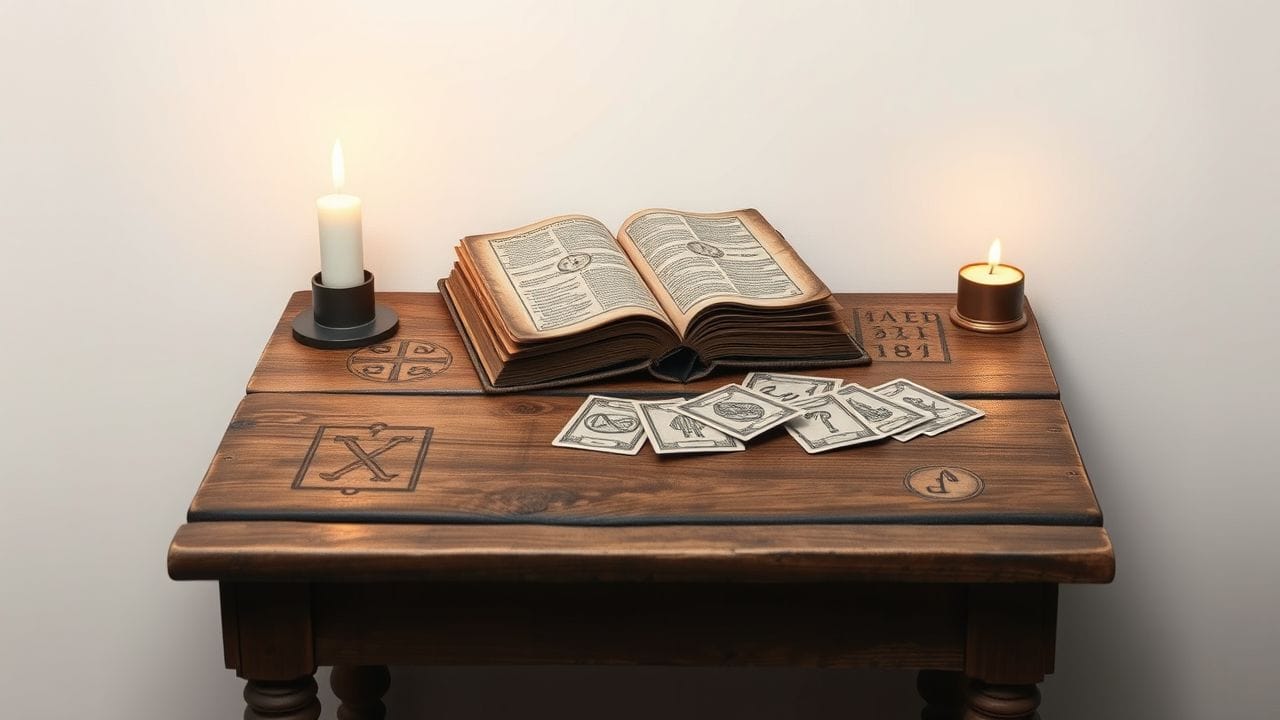 Een oud boek en numerologiekaarten op een rustieke tafel.