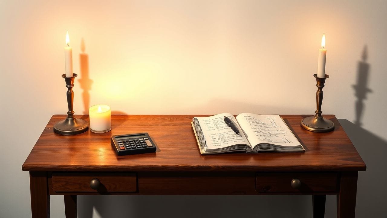 Een vintage houten bureau met rekenmachine, pen en notitieboek.