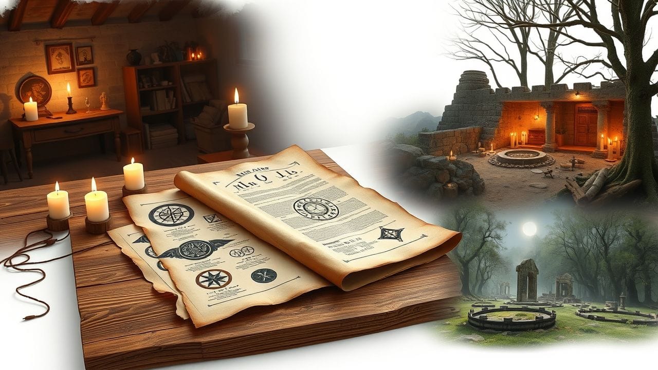 Een verzameling antieke rollen en symbolen op een houten tafel. Een verzameling antieke rollen en symbolen op een houten tafel.