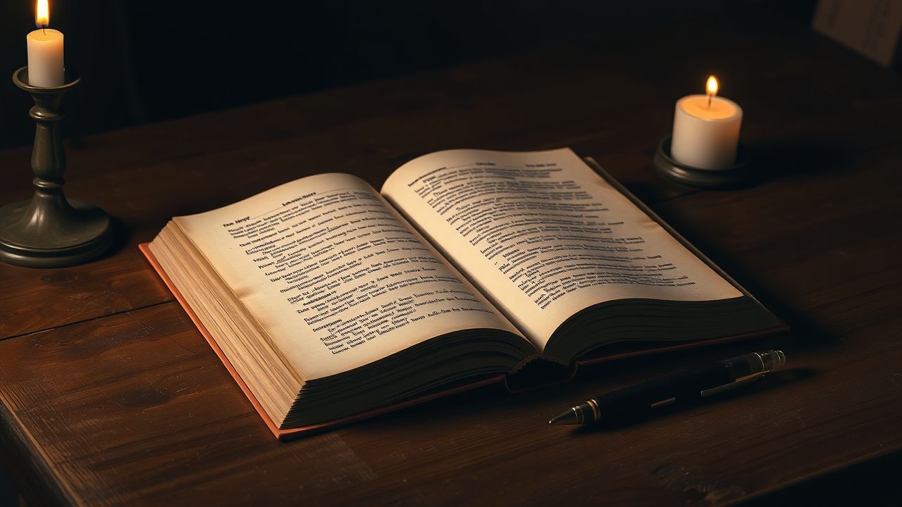 Een oude boek ligt open op een houten tafel naast een pen.