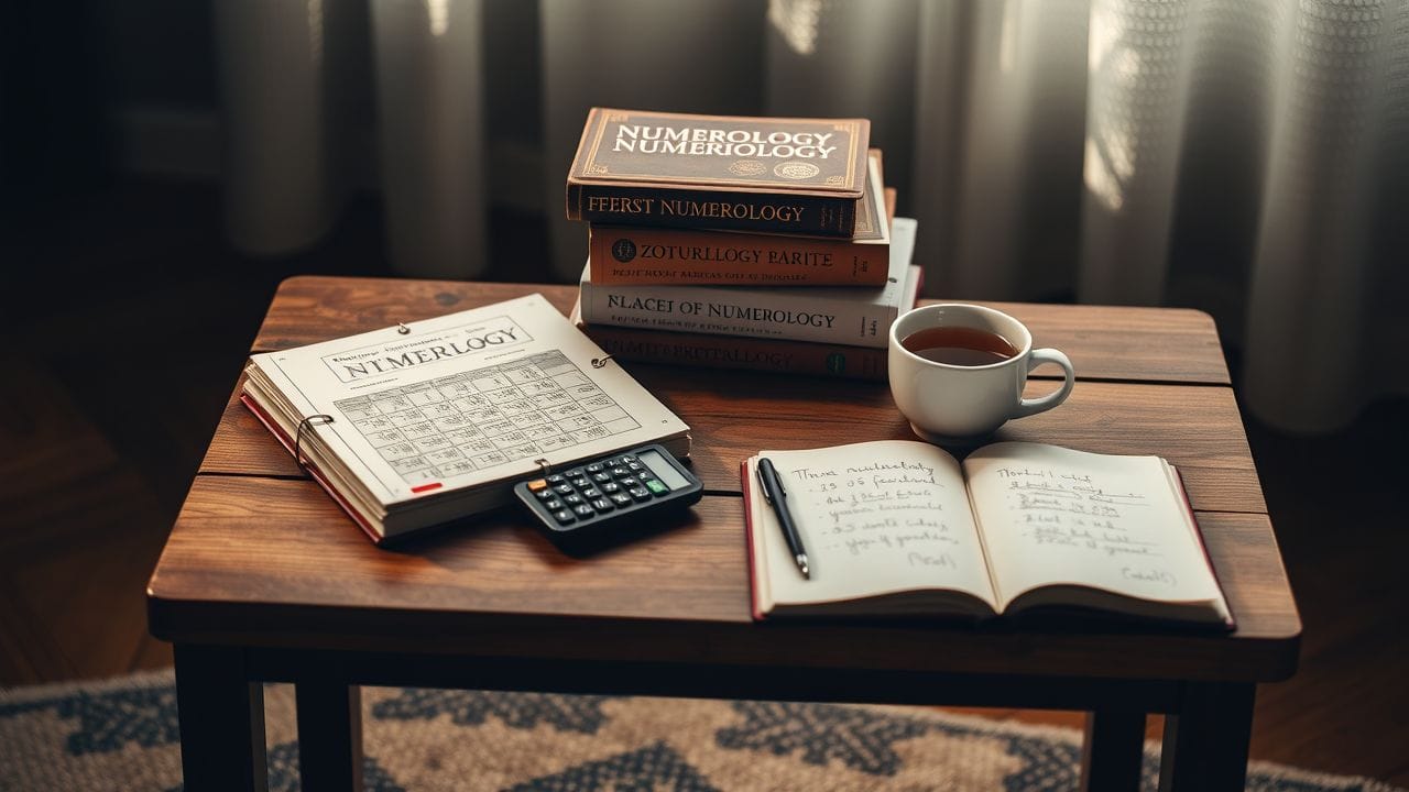 Een gezellige tafel met numerologieboeken, rekenmachine, notitieboek en thee. Een gezellige tafel met numerologieboeken, rekenmachine, notitieboek en thee.