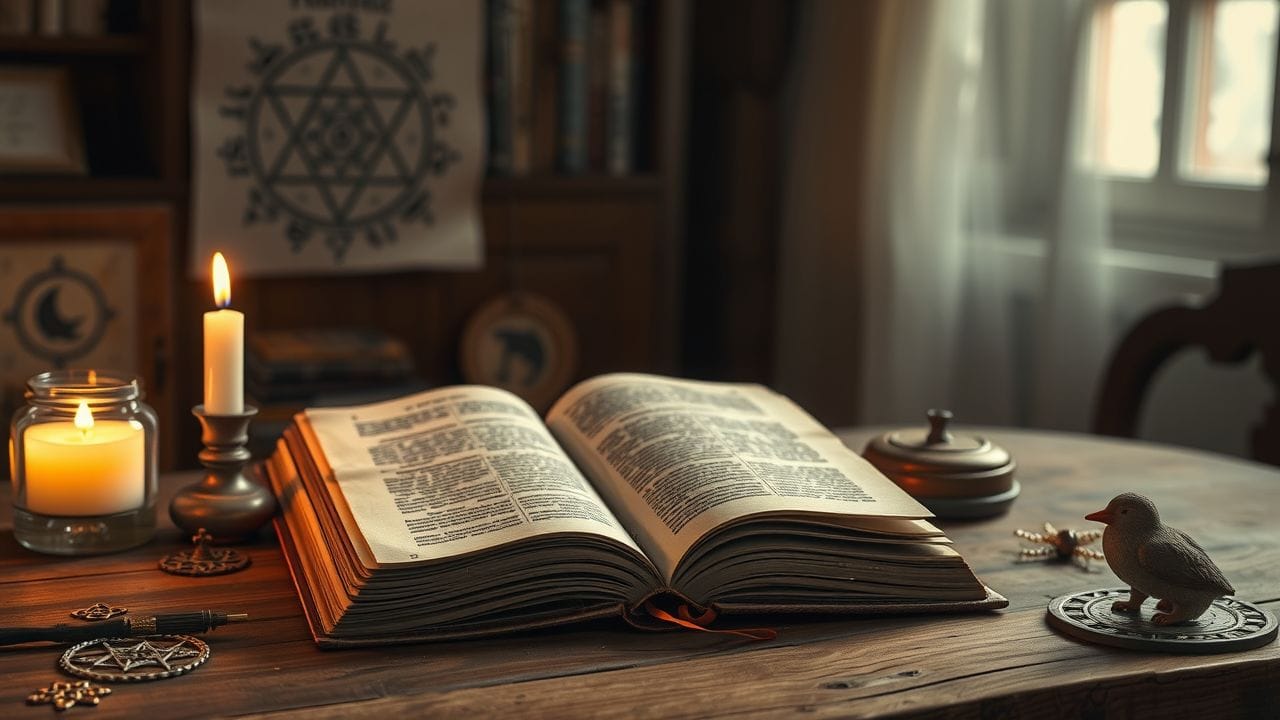 Een oude, stoffige boek omringd door mystieke voorwerpen op tafel.