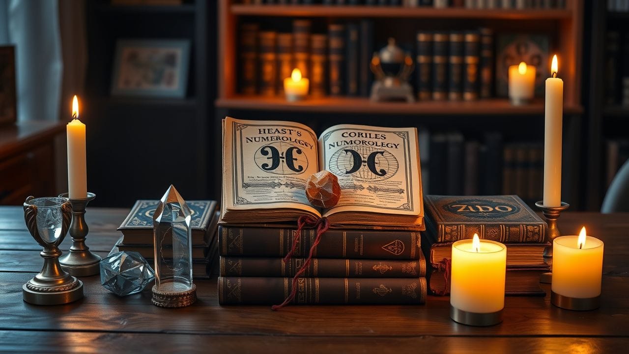 Een verzameling vintage numerologieboeken op een houten tafel.